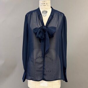 DR2 Navy Sheer Blouse with tie front, Large